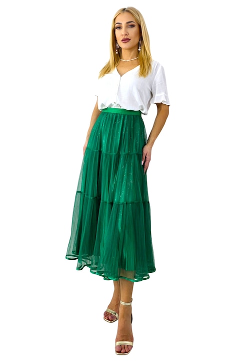Fusta lunga cu doua fete, LUNA, aspect plisat si tull, VERDE, Marime universala S/M/L