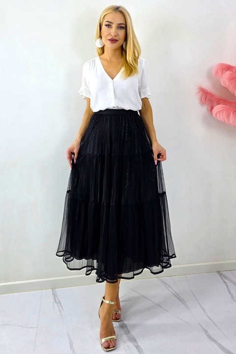 Fusta lunga cu doua fete, LUNA, aspect plisat si tull, Negru, Marime universala S/M/L