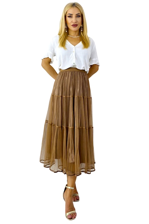 Hosszú, kétoldalas szoknya, LUNA, rakott mintázatú és tüll, barna, univerzális S/M/L méret