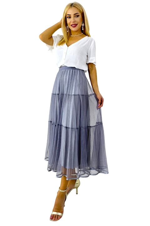 Fusta lunga cu doua fete, LUNA, aspect plisat si tull, Gri, Marime universala S/M/L