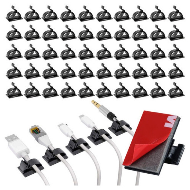 Set 50 clipsuri autoadezive pentru organizarea cablurilor, Alogy, negru, 1.9x1.4cm