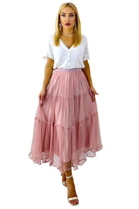 Fusta lunga cu doua fete, LUNA, aspect plisat si tull, Roz, Marime universala S/M/L