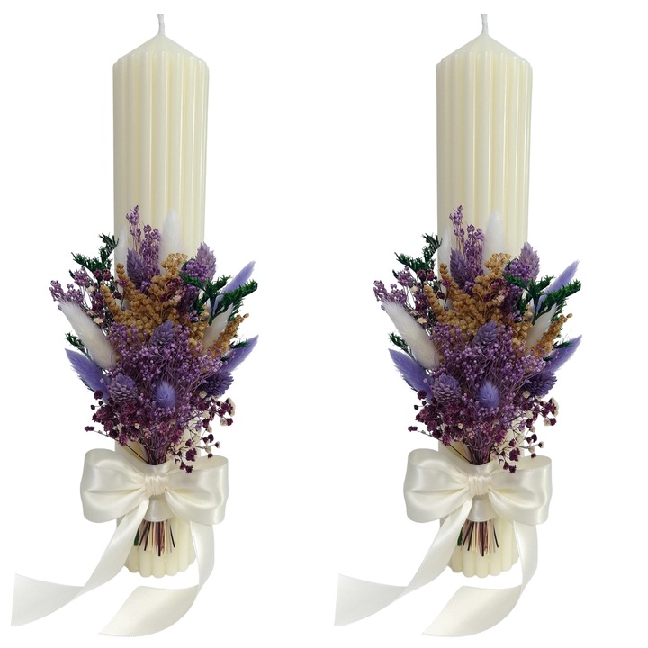 Lumanari nunta/cununie decorate cu flori criogenate si uscate, H35/D6 cm, Mov