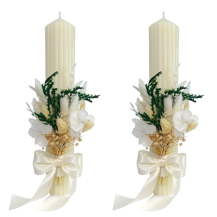 Lumanari nunta/cununie decorate cu flori criogenate si uscate, H35/D6 cm, Ivory