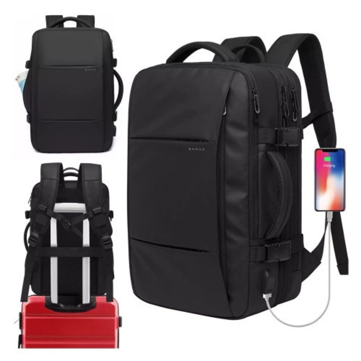 Rucsac calatorie Bange, waterproof, 47x31x15-25 cm, capacitate 35 litri, cu port USB, negru