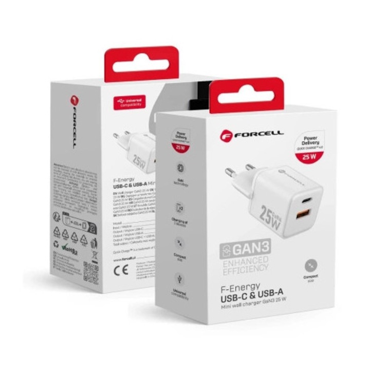Incarcator retea Forcell Mini GaN III 25W, USB-C + USB-A, compact, 7,5x3cm