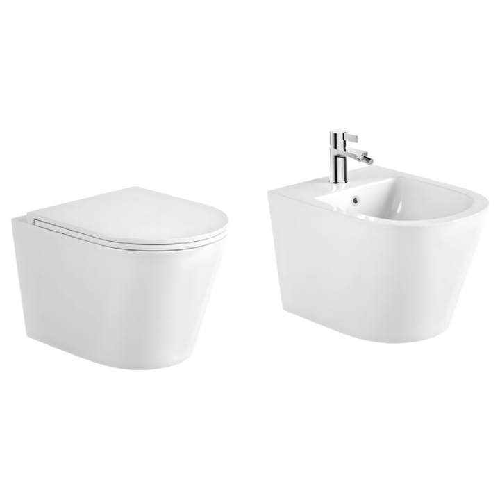 Vas WC, Keramka®, Vas de Toaleta cu Bideu si Capac SoftClose, Vas WC Suspendat Rimless cu Sistem de Spalare fara Rama pentru Igiena Sporita, Vas Toaleta Suspendat din Ceramica Sanitara Rezistenta, Design Modern pentru Baie, Alb