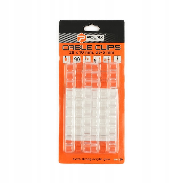 Set 20 cleme autoadezive pentru cabluri, Polax, 3-5 mm, 28x10mm, transparente