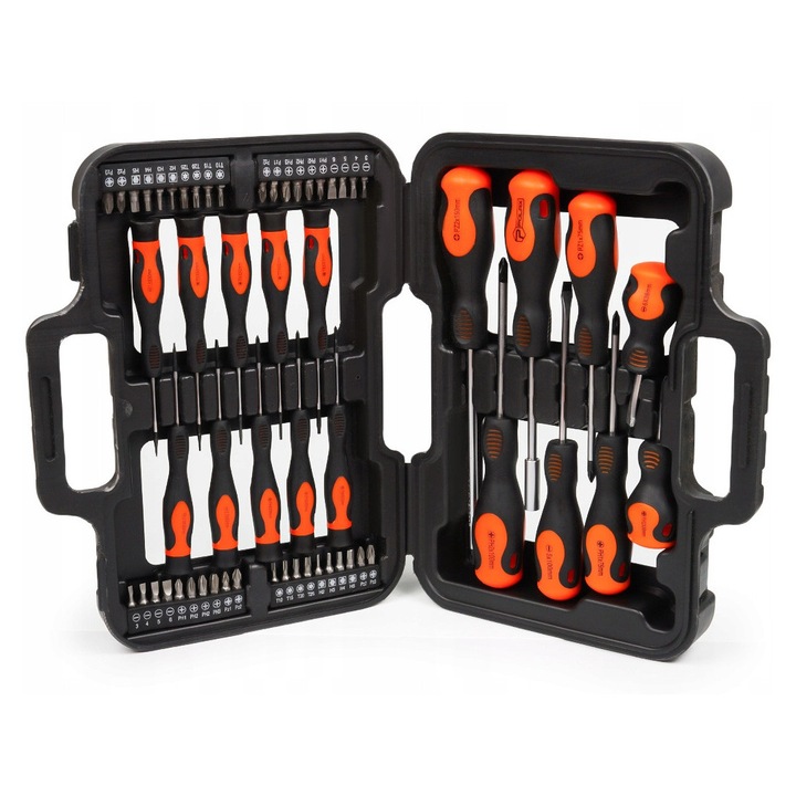 58 darabos csavarhúzó és bitkészlet, műanyag dobozban, Polax, króm-vanádium acél, ergonomikus fogantyú