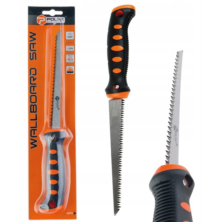 Gipszkarton fűrész, Polax, 150 mm, 9 fogú/hüvelykes, gumírozott nyéllel