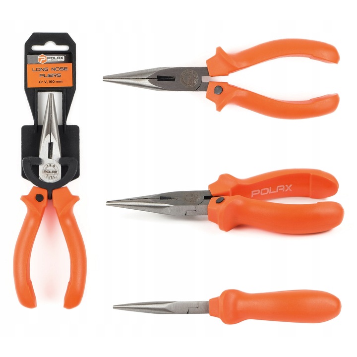 Polax hosszúcsőrű fogó, 180 mm, egyenes nyél, acél, nehezen hozzáférhető helyekre