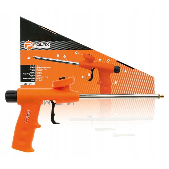 Polax szerelőhab pisztoly, réz fúvókával, nikkelezett fém hengerrel, tartós műanyaggal