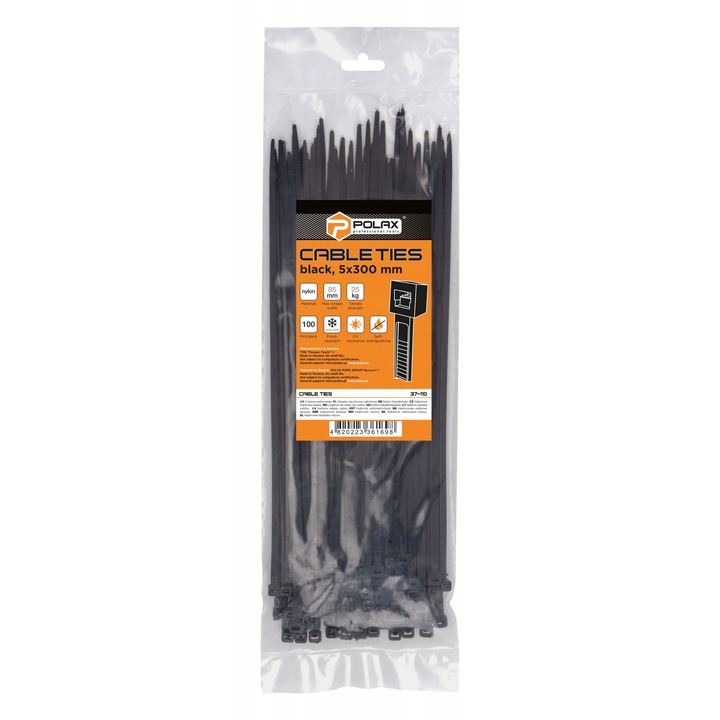 Nejlon kábelkötegelő készlet, Polax, 5x300mm, 100 darab, fekete, kábelekhez