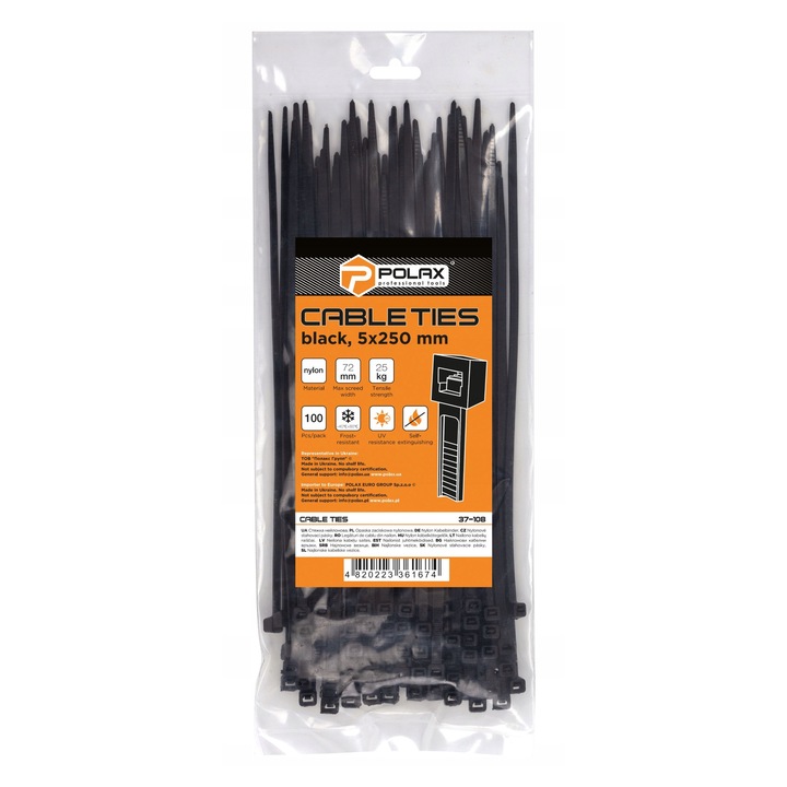 Kábelkötegelő készlet, Polax, nejlon, fekete, 5x250 mm, 100 darab