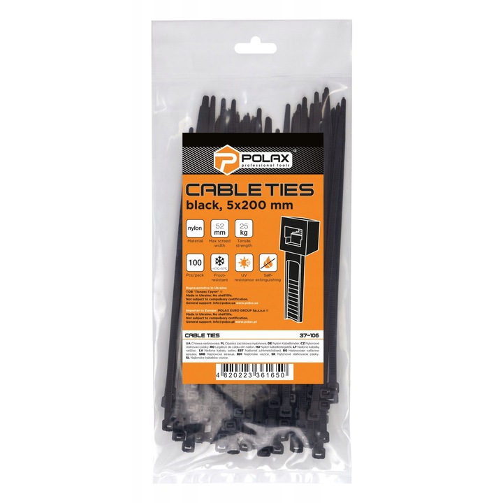 Polax fekete nejlon kábelbilincsek 5x200mm, 100 db-os készlet