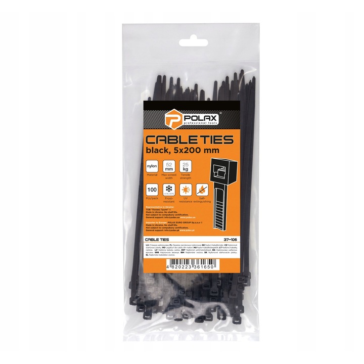 Cleme fixare cabluri Polax nylon negru 5x200mm set 100 buc