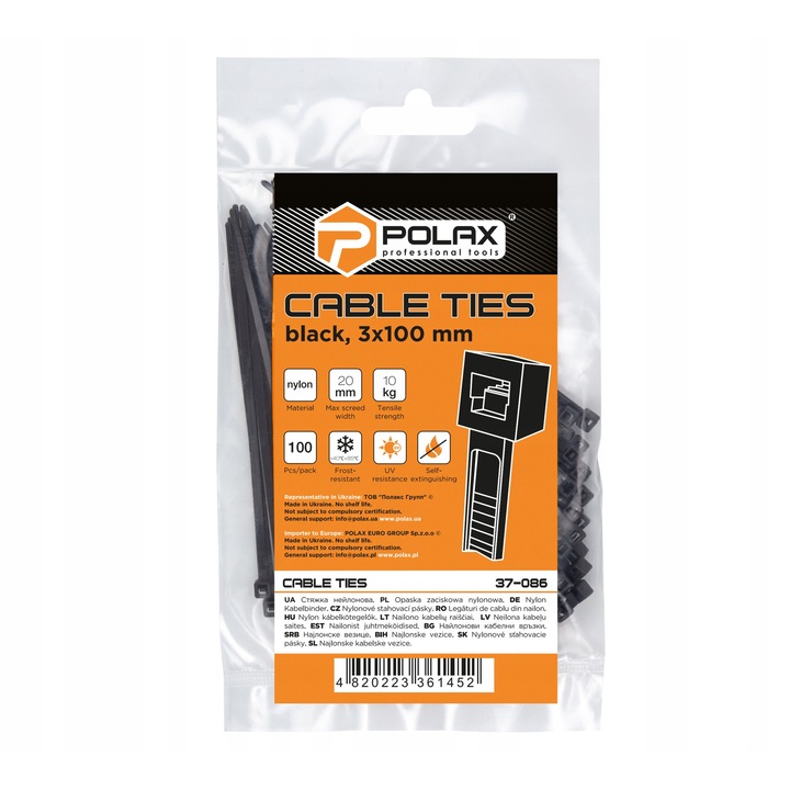 Set 100 Cleme de fixare pentru cabluri, Polex, 3x100 mm, negru, nylon