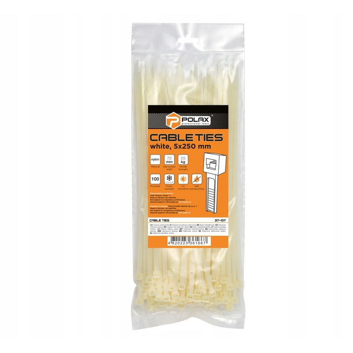 Set 100 Cleme de fixare cabluri, Polax, nylon, alb, 5x250mm