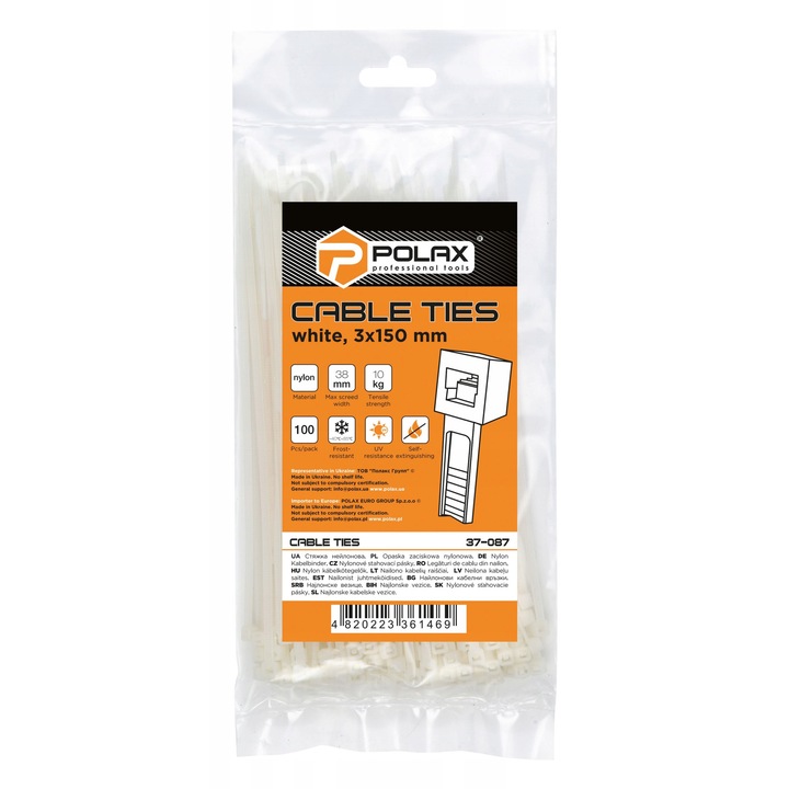 Комплект от 100 кабелни връзки, Polax, 3x150 мм, бели, найлонови