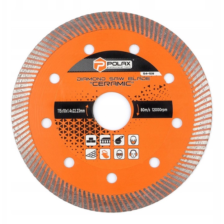 Polax gyémánttárcsa 115x1,4 mm kerámia és csempék vágásához, 10 mm magasság, 22,23 mm furatátmérő