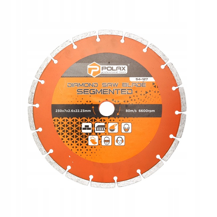 Polax szegmentált gyémánttárcsa 230x7x2,6x22,23 mm, betonhoz és kőhöz, átvezető gyűrűvel