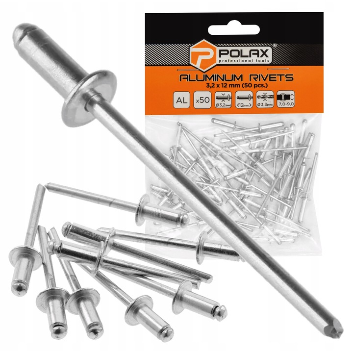 Rivete aluminiu 3,2x12mm, set 50 buc Polax