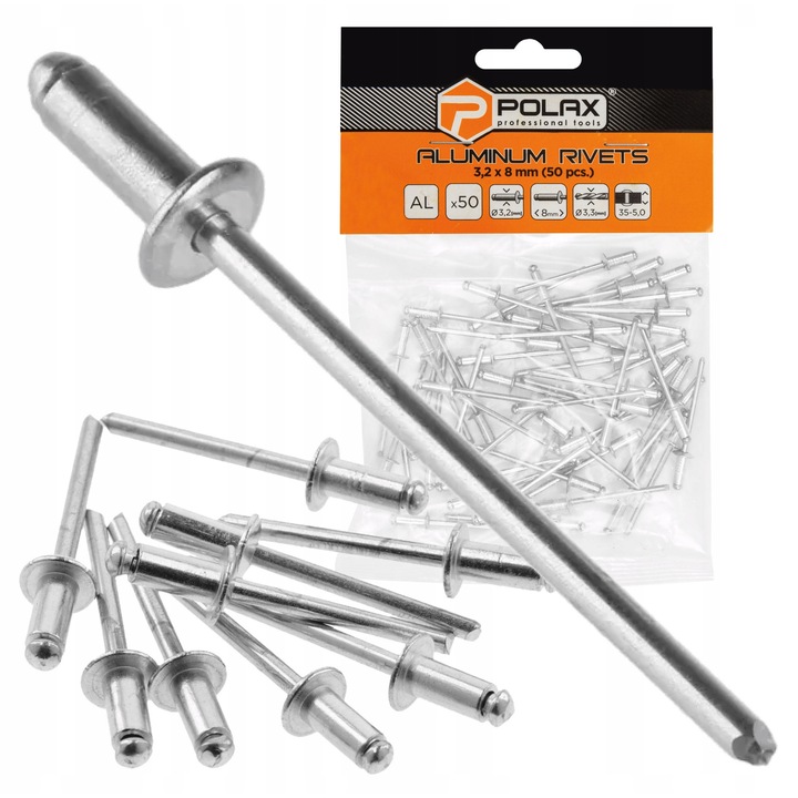 Nituri din aluminiu, 3,2x8 mm, set 50 bucati Polax