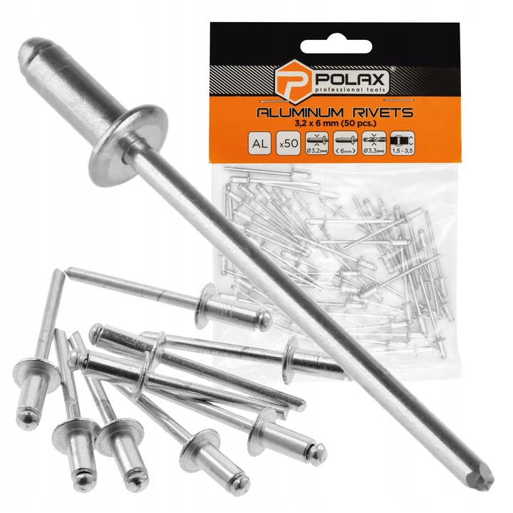 Alumínium szegecskészlet 3,2x6 mm, 50 darabos Polax