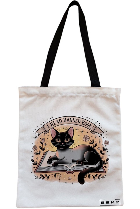 Sacosa Cumparaturi Textila cu Fermoar, Geanta Tote, model I read banned books 38 x 34.5 cm, Alb, BEKZ®