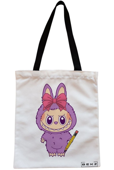 Sacosa Cumparaturi Textila cu Fermoar, Geanta Tote, model Labubu 29 38 x 34.5 cm, Alb, BEKZ®