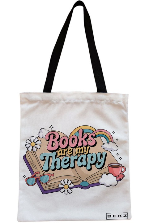 Textiltáska cipzárral, Vásárlótáska, A könyvek a terápiám modell 38 x 34,5 cm, Fehér, BEKZ®