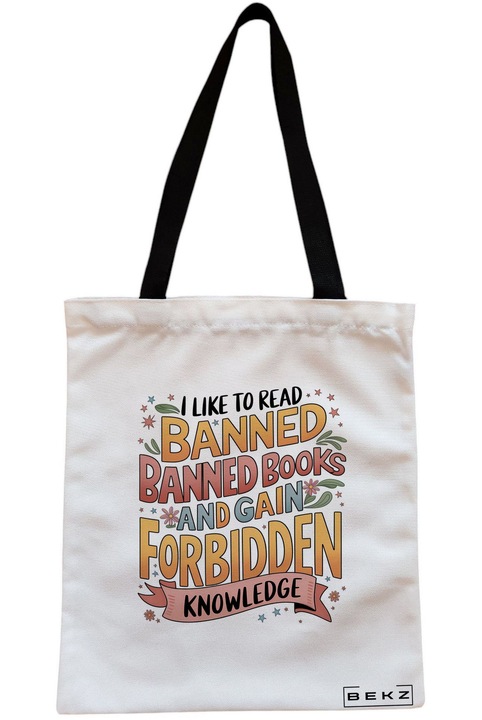 Sacosa Cumparaturi Textila cu Fermoar, Geanta Tote, model I read banned books 3 38 x 34.5 cm, Alb, BEKZ®