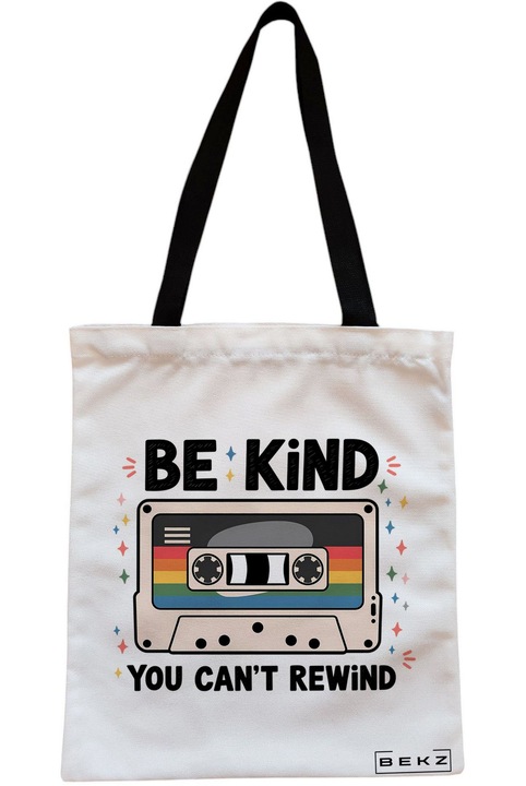Sacosa Cumparaturi Textila cu Fermoar, Geanta Tote, model Be kind you can’t rewind 38 x 34.5 cm, Alb, BEKZ®