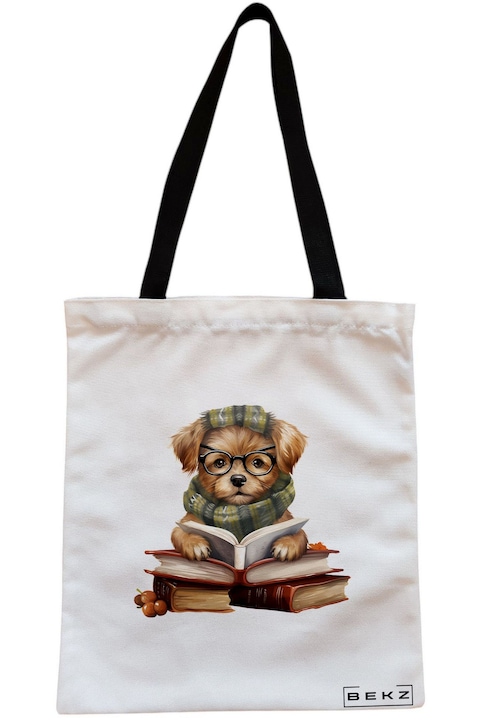 Textiltáska cipzárral, bevásárlótáska, olvasó kölyökkutya modell 11 38 x 34,5 cm, fehér, BEKZ®
