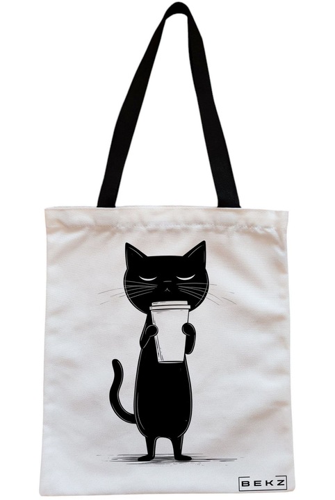 Textiltáska cipzárral, bevásárlótáska, koffein színű, 8-as macska modell 38 x 34,5 cm, fehér, BEKZ®