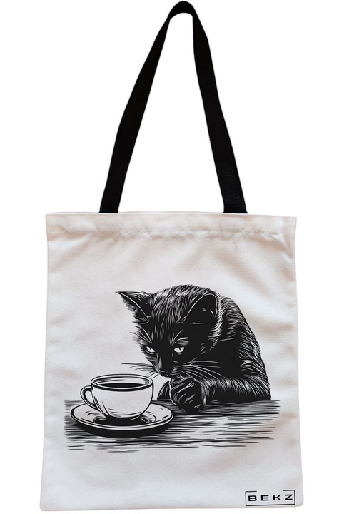 Чанта с цип, Tote Bag, Caffeine Cat 3 model, Текстил, 38 x 34,5 см, бяла, BEKZ®