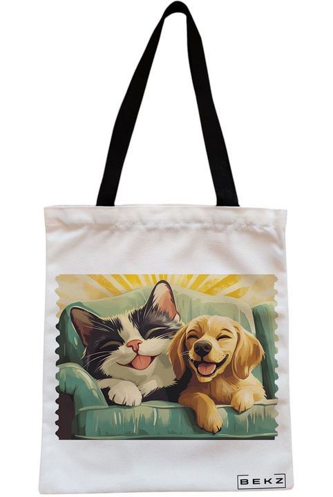 Textiltáska cipzárral, bevásárlótáska, Best Friends macska és kutyus modell 38 x 34,5 cm, fehér, BEKZ®
