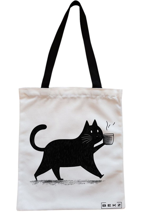 Textiltáska cipzárral, bevásárlótáska, koffein macskás modell 38 x 34,5 cm, fehér, BEKZ®