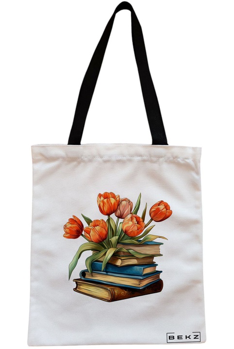Textiltáska cipzárral, bevásárlótáska, könyvekkel és virágokkal, 12-es modell, 38 x 34,5 cm, fehér, BEKZ®