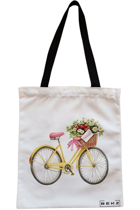 Textil táska cipzárral, bevásárlótáska, virágos sárga bicikli modell 38 x 34,5 cm, fehér, BEKZ®