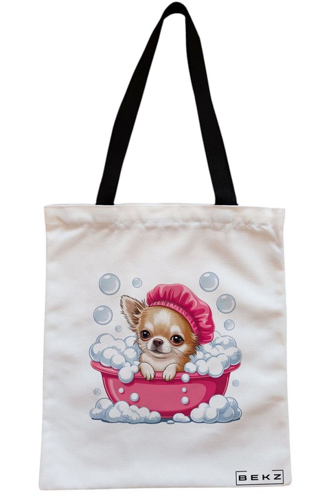 Textiltáska cipzárral, bevásárlótáska, vicces kiskutya fürdetési modell 38 x 34,5 cm, fehér, BEKZ®