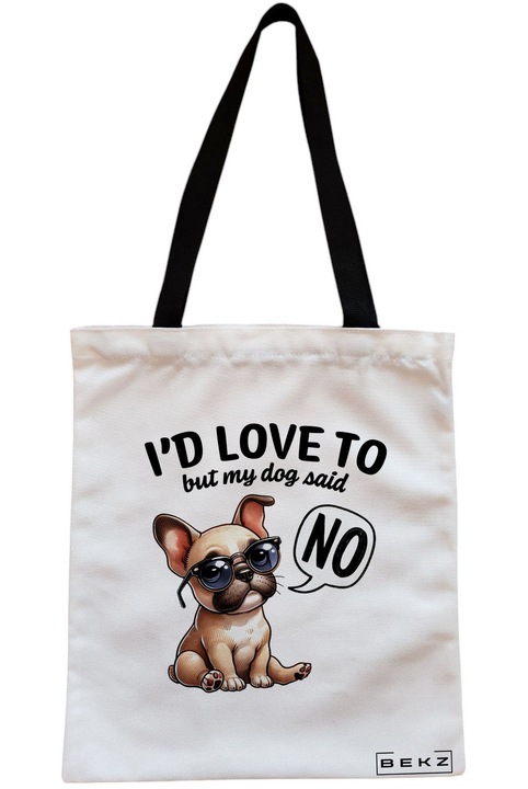 Textiltáska cipzárral, bevásárlótáska, modell „Szívesen, de a kutyám nemet mondott” 38 x 34,5 cm, Fehér, BEKZ®