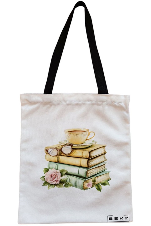 Текстилна чанта с цип, чанта тип „тоут“, модел „Книги 22“, 38 x 34,5 см, бяла, BEKZ®