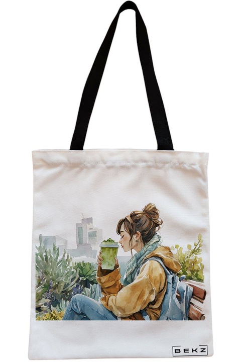 Текстилна чанта с цип, чанта тип „тоут“, модел „Градски оазис“ 38 x 34,5 см, бяла, BEKZ®