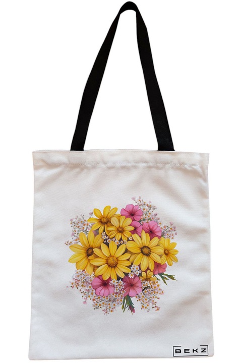 Textiltáska cipzárral, bevásárlótáska, virágok 18 modell 38 x 34,5 cm, fehér, BEKZ®