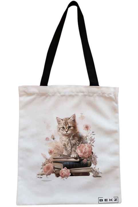 Textiltáska cipzárral, bevásárlótáska, Reading cat 11 modell 38 x 34,5 cm, Fehér, BEKZ®