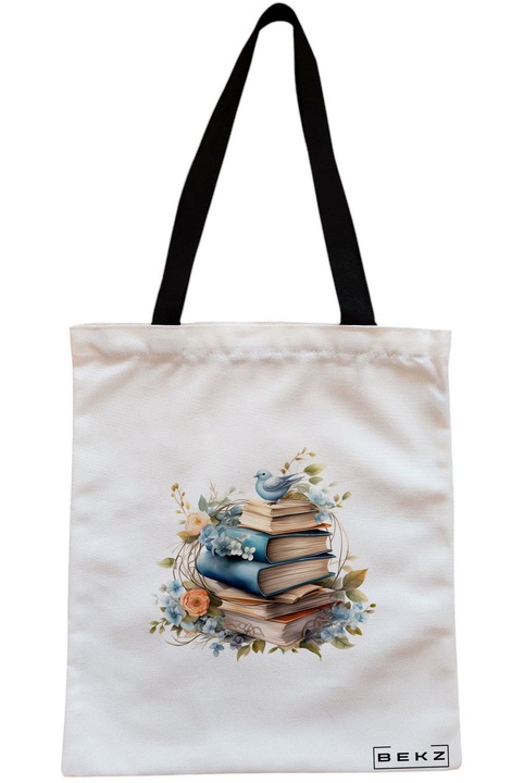 Textiltáska cipzárral, bevásárlótáska, könyvekkel és virágokkal, 15-ös modell, 38 x 34,5 cm, fehér, BEKZ®