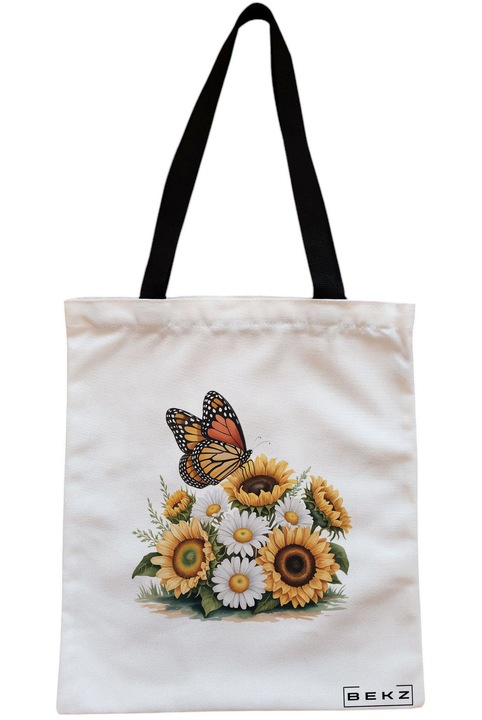 Textiltáska cipzárral, bevásárlótáska, napraforgós modell 38 x 34,5 cm, fehér, BEKZ®