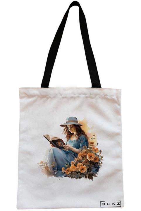 Textiltáska cipzárral, Vásárlótáska, A könyvmoly lány modell 16 38 x 34,5 cm, Fehér, BEKZ®