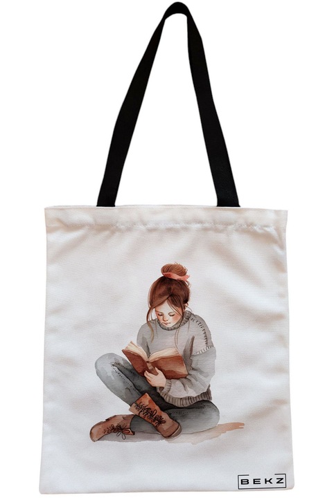 Textiltáska cipzárral, Vásárlótáska, A könyves lány modell 36 38 x 34,5 cm, Fehér, BEKZ®